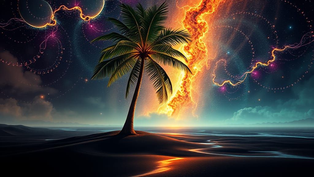 Neon Cosmos Palm Tree on Black Sand Island