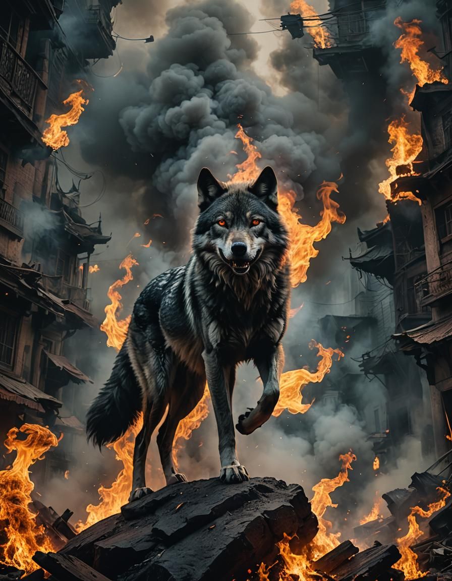 Fiery-Eyed Smoke Wolf in Hyperreal Digital Painting
