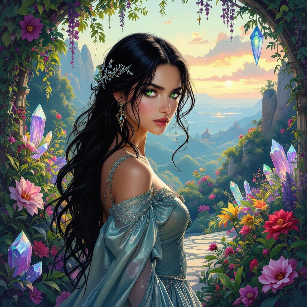 Enchantress in Mystical Garden, Digital Art Nouveau