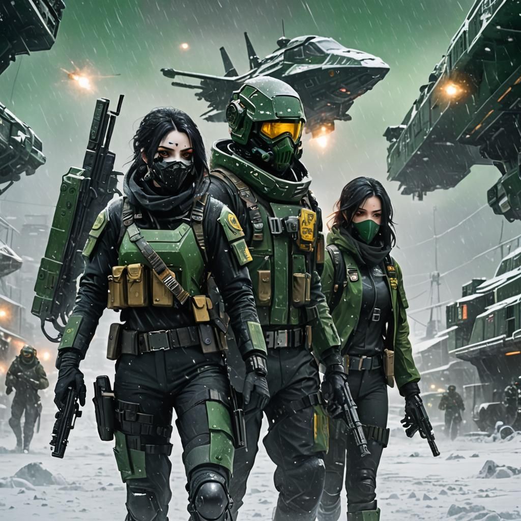 Tactical Goth Duo in Sci-Fi Snowstorm