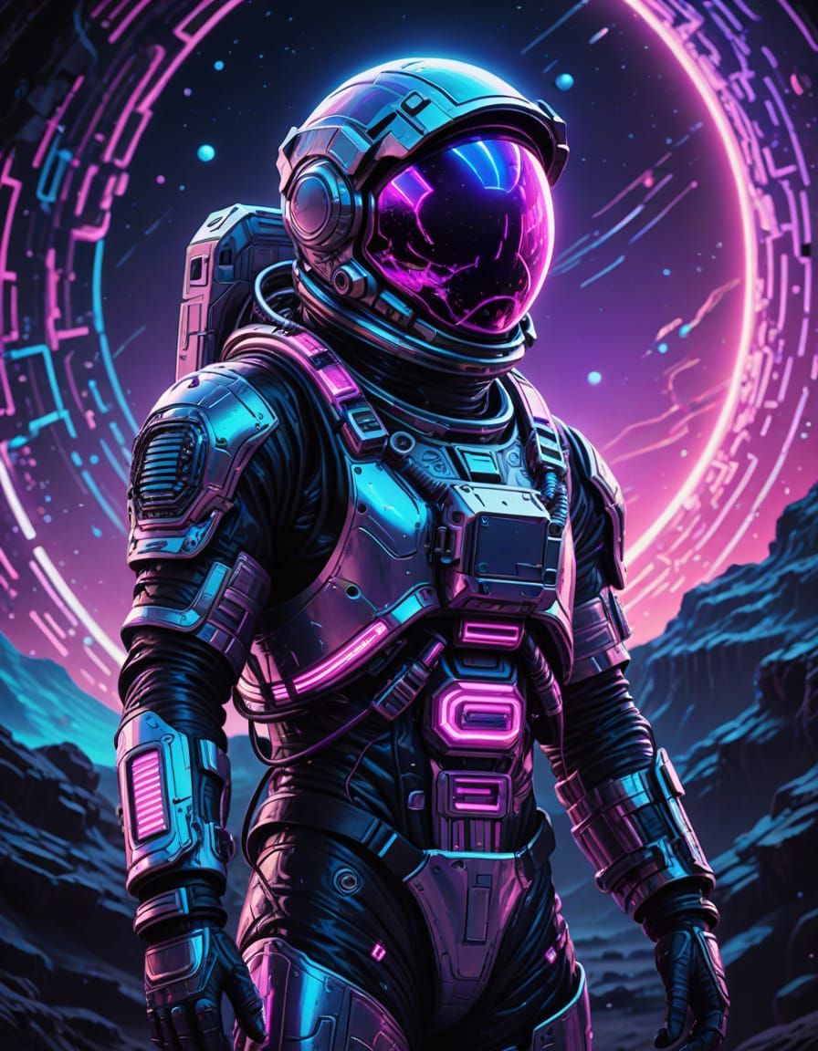 Astronaut on a Planet in Neon Sci-Fi Style
