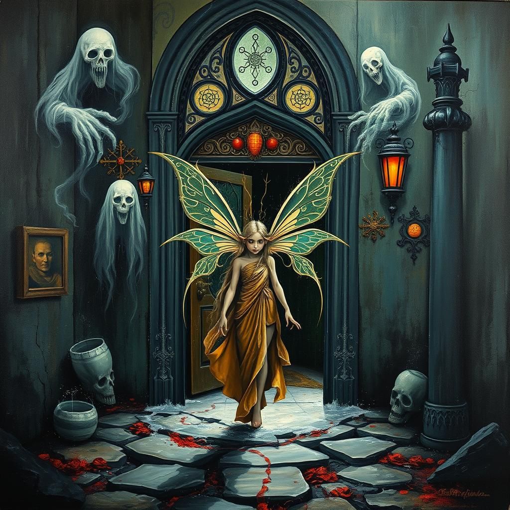 Fairy Elf at Haunted House in Impasto Surrealism