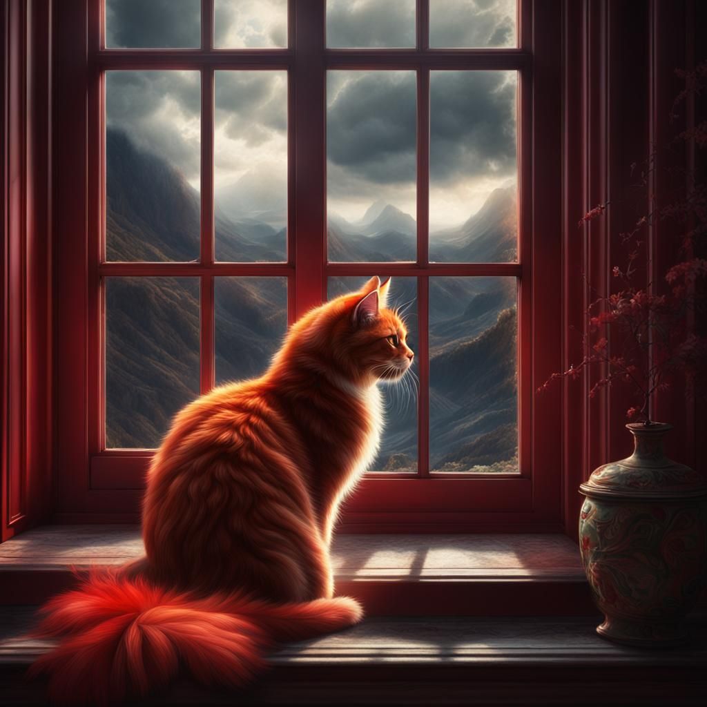 Red-Furred Cat Lounging by a Window
