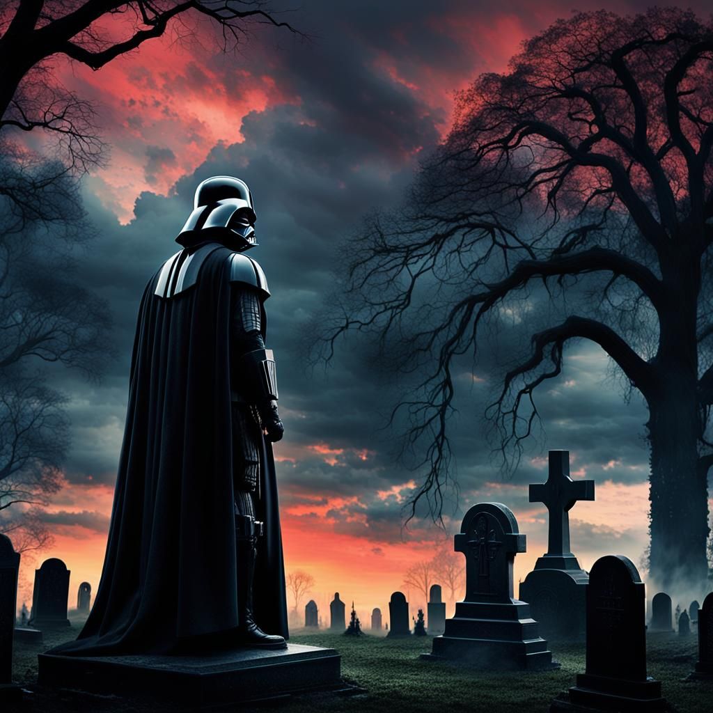 Darth Vader Mourns in Dark Fantasy Landscape