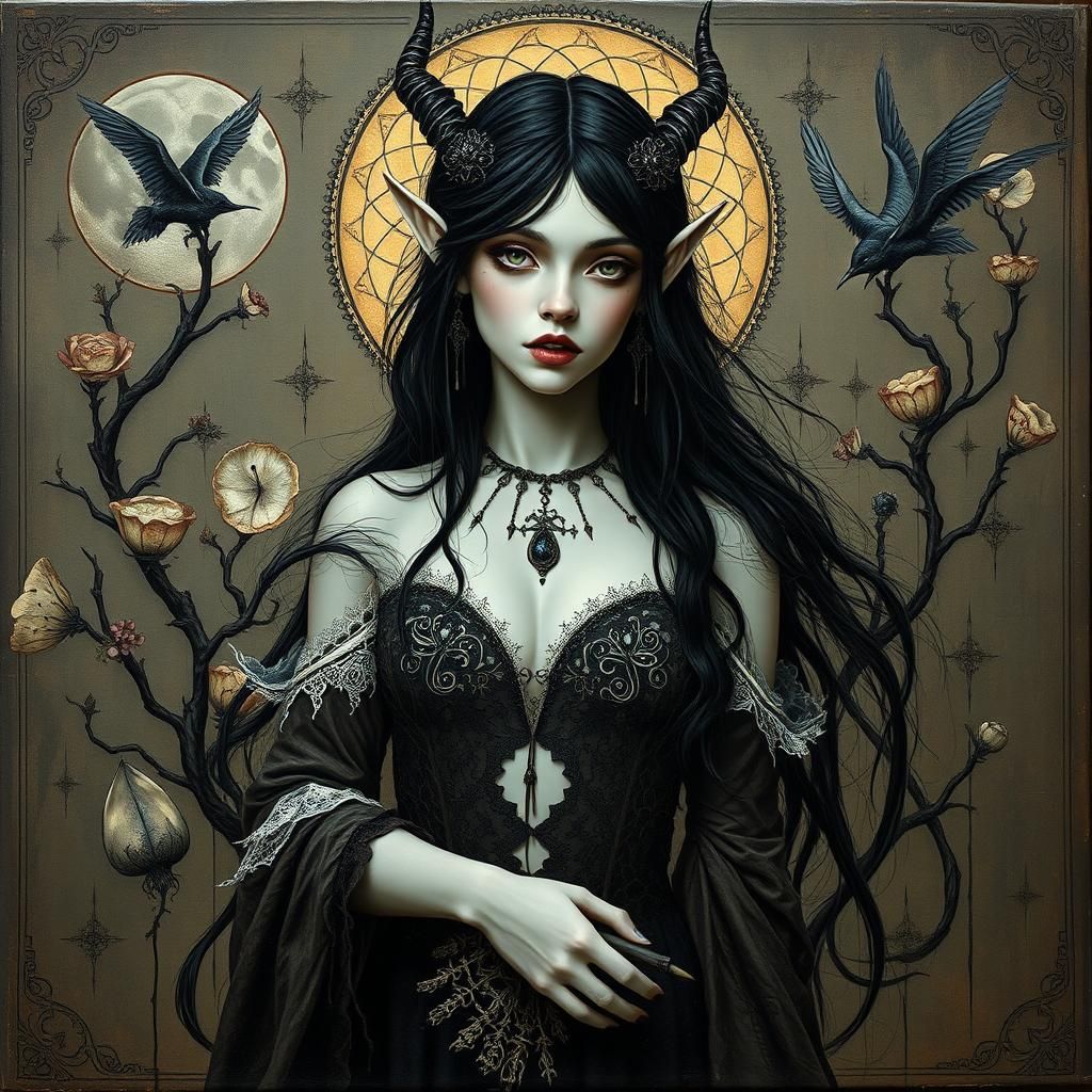 Gothic Elf Maiden in Surreal Impasto Landscape