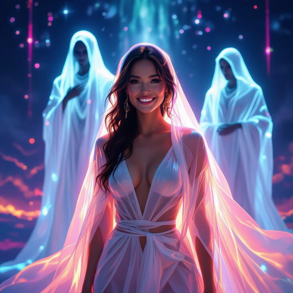 Woman in Neon Garments with Celestial Being, Futuristic Art