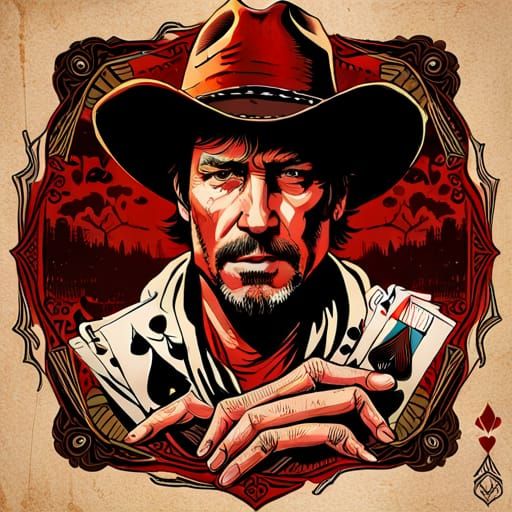 Mysterious Cowboy Portrait with Cards and Bullets