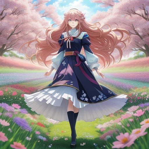 Anime Character in Flower Field - Vibrant Art Style