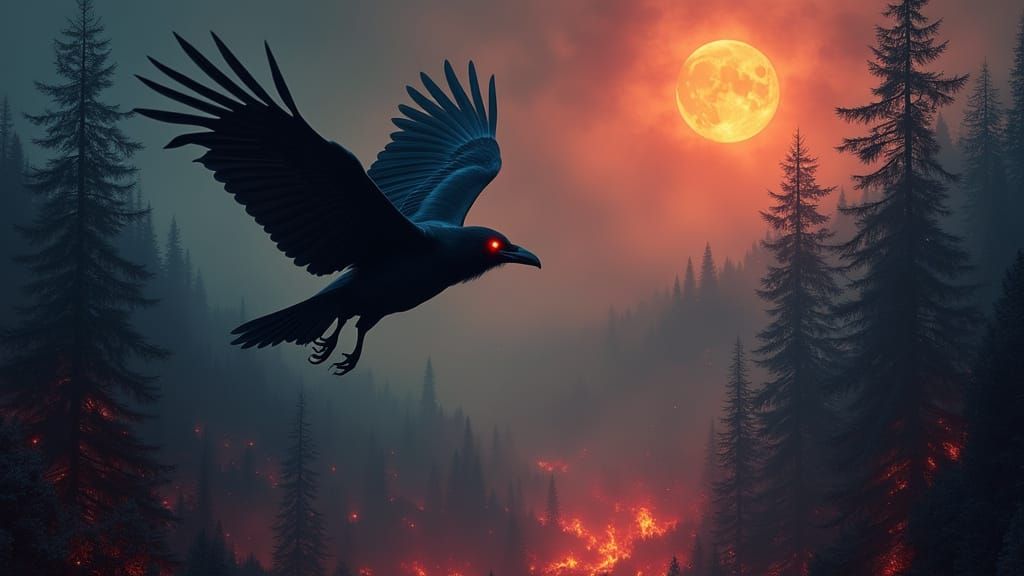 Majestic Raven Soars Over Burning Forest