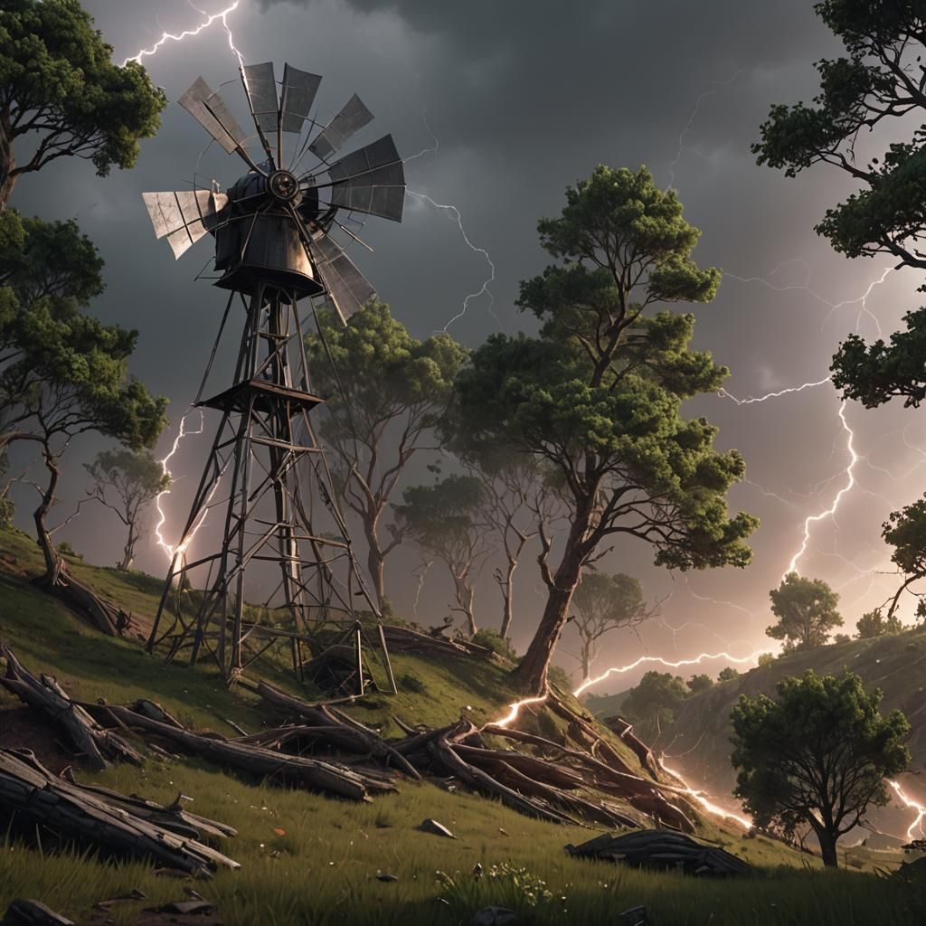 Epic Sci-Fi Lightning Storm with Windmill