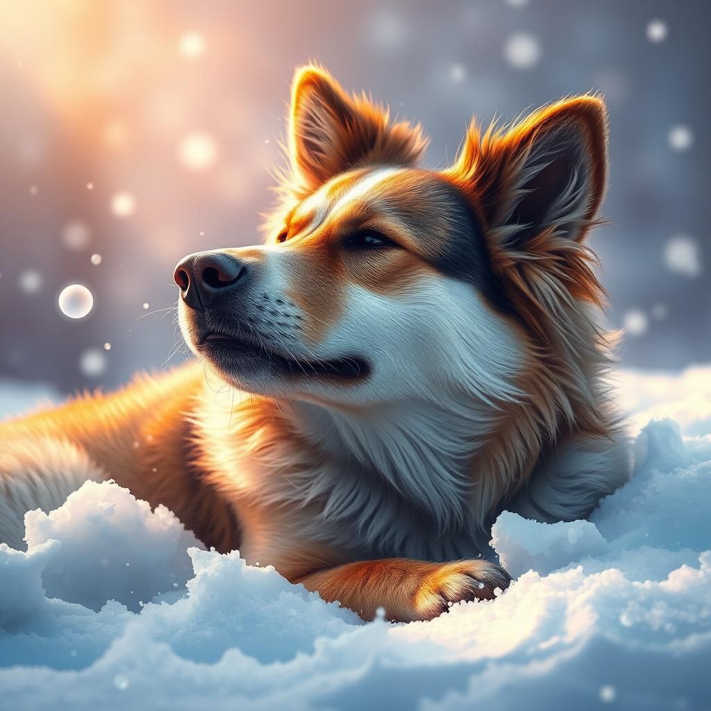 Hyperrealistic Dog Purring in Snow, Splash Art
