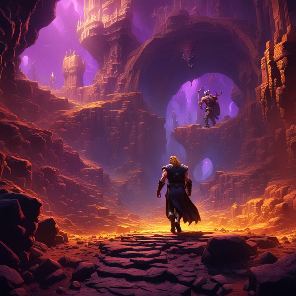 Thor's Journey Through a Volcanic Landscape