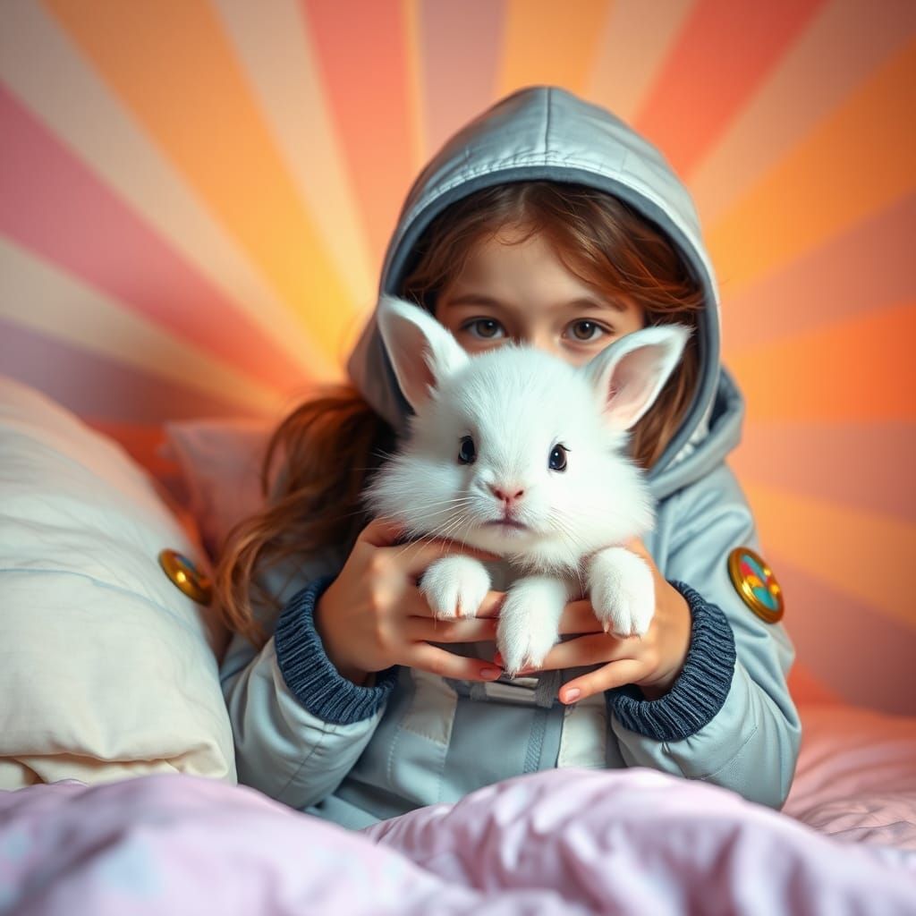 Girl in Astronaut Suit Hugs Angora Rabbit