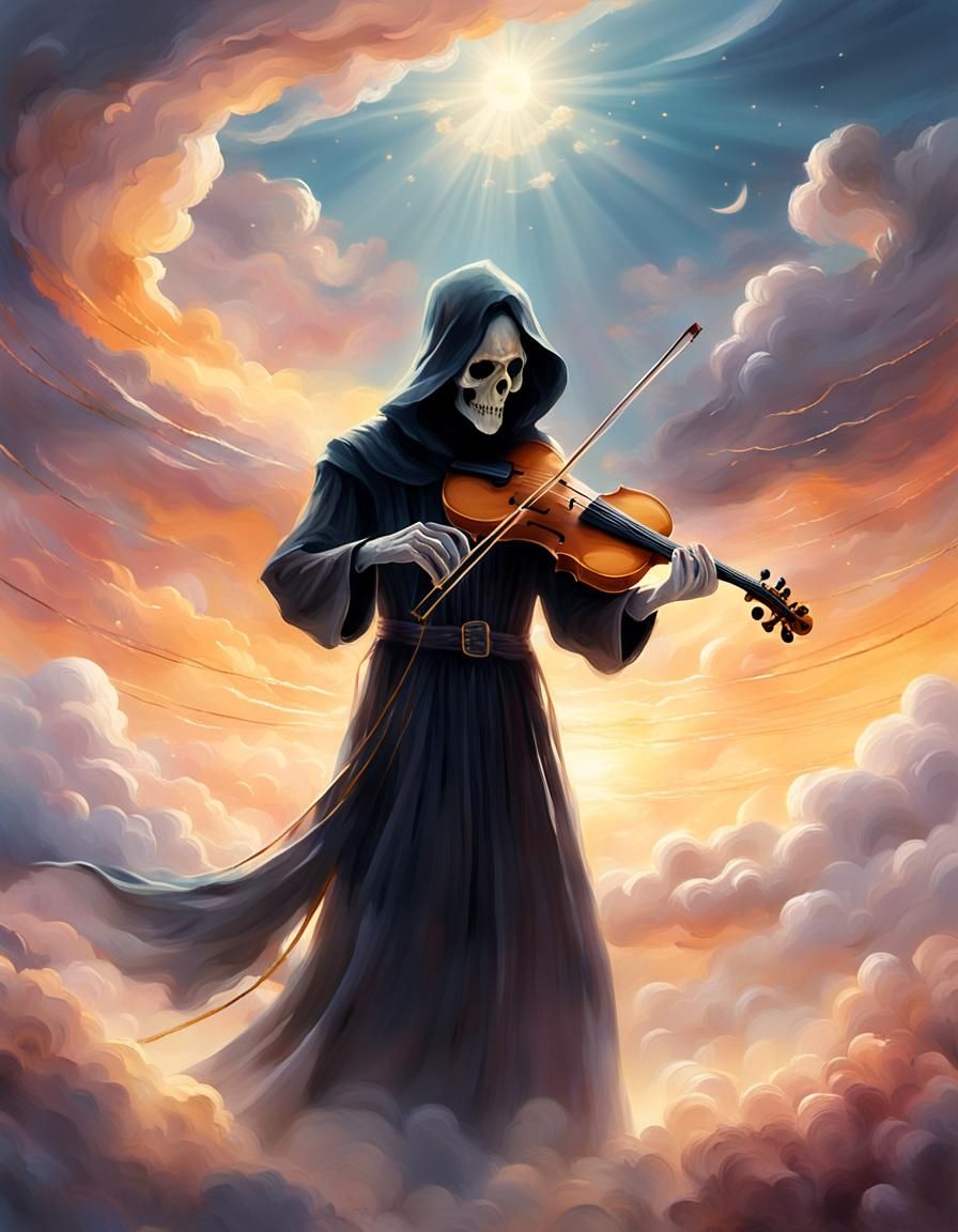 Grim Reaper Guides Soul with Violin in Impressionist Style