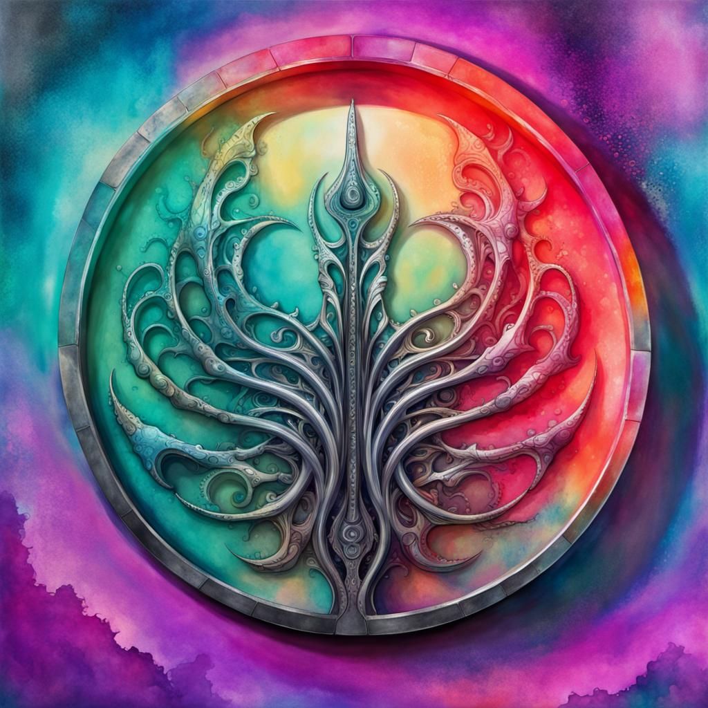 Abstract Silver Circle with Iridescent Fractal Background