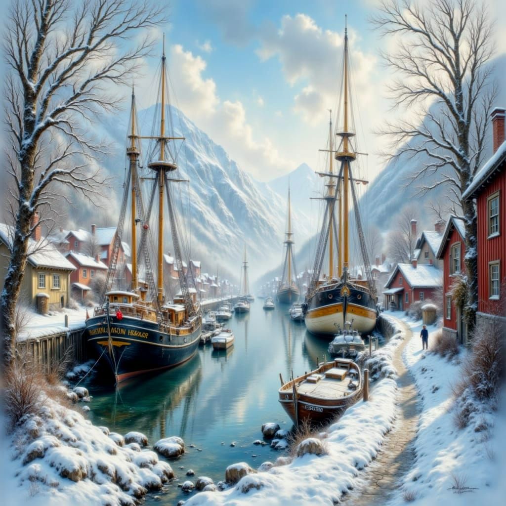 Colorful Norwegian Harbor Town in Winter Watercolor