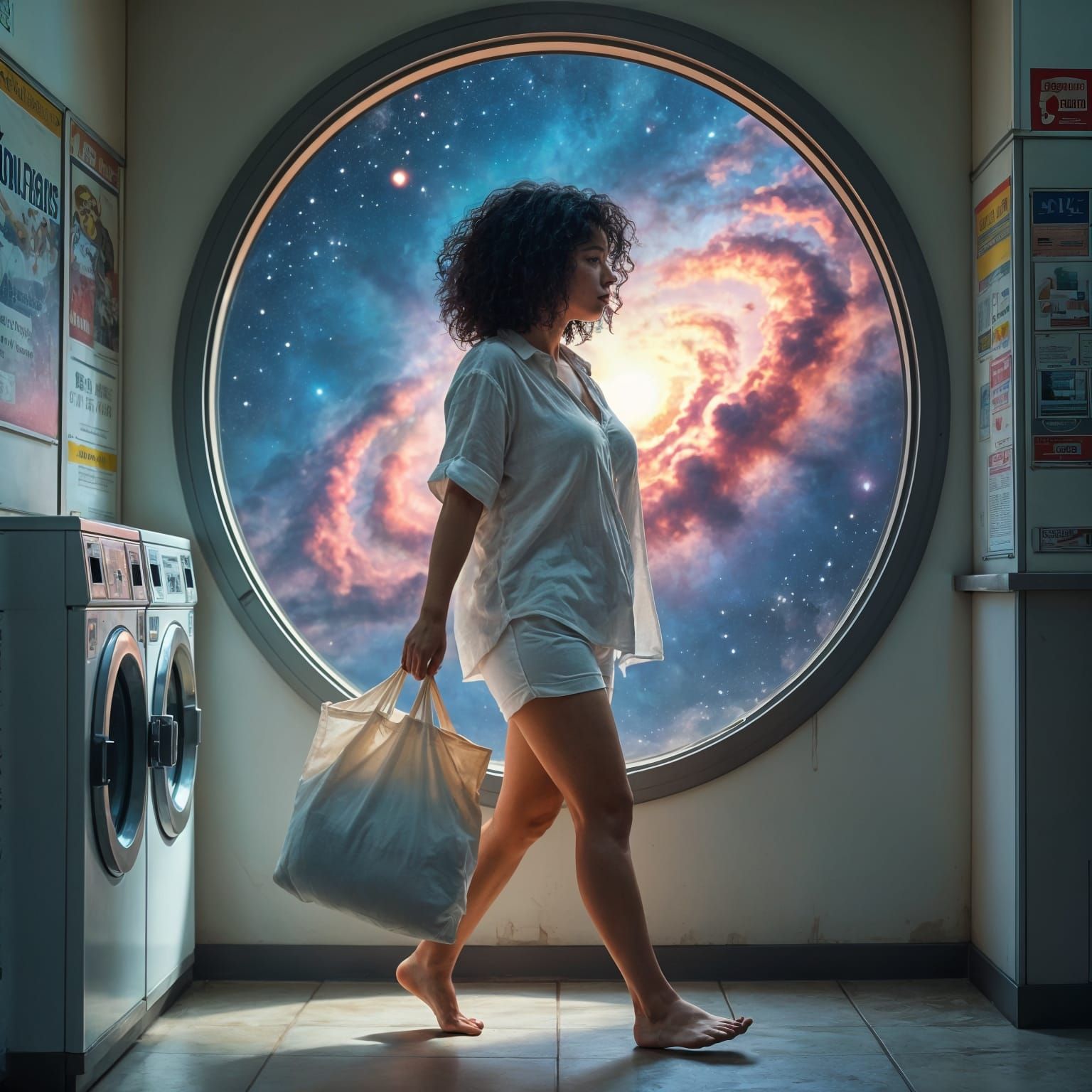 Space Laundromat: Hyperrealistic Woman Does Laundry in Space
