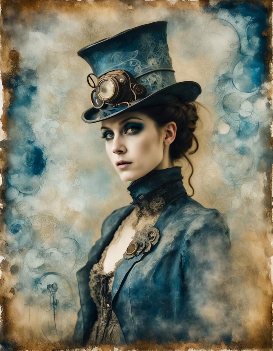 Steampunk Woman in Encaustic Mixed Media Fresco