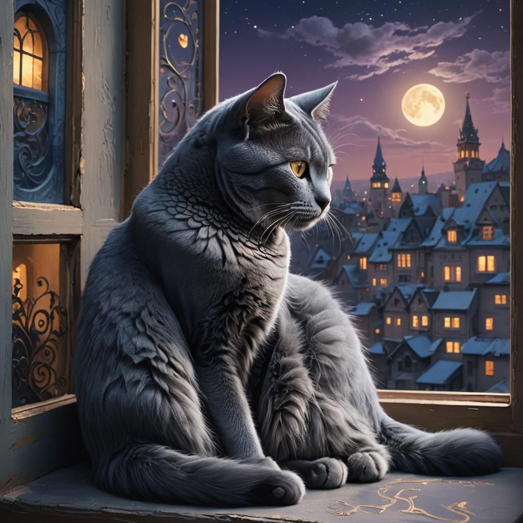 Russian Blue Cat's Moonlit Slumber: Matte Painting