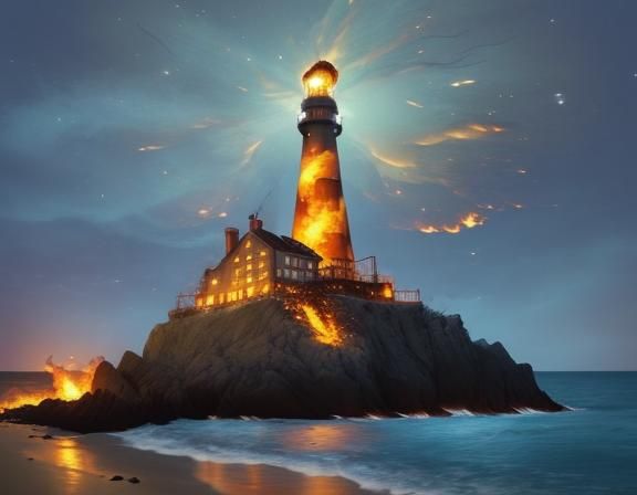 Burning Lighthouse Under Starry Night Sky