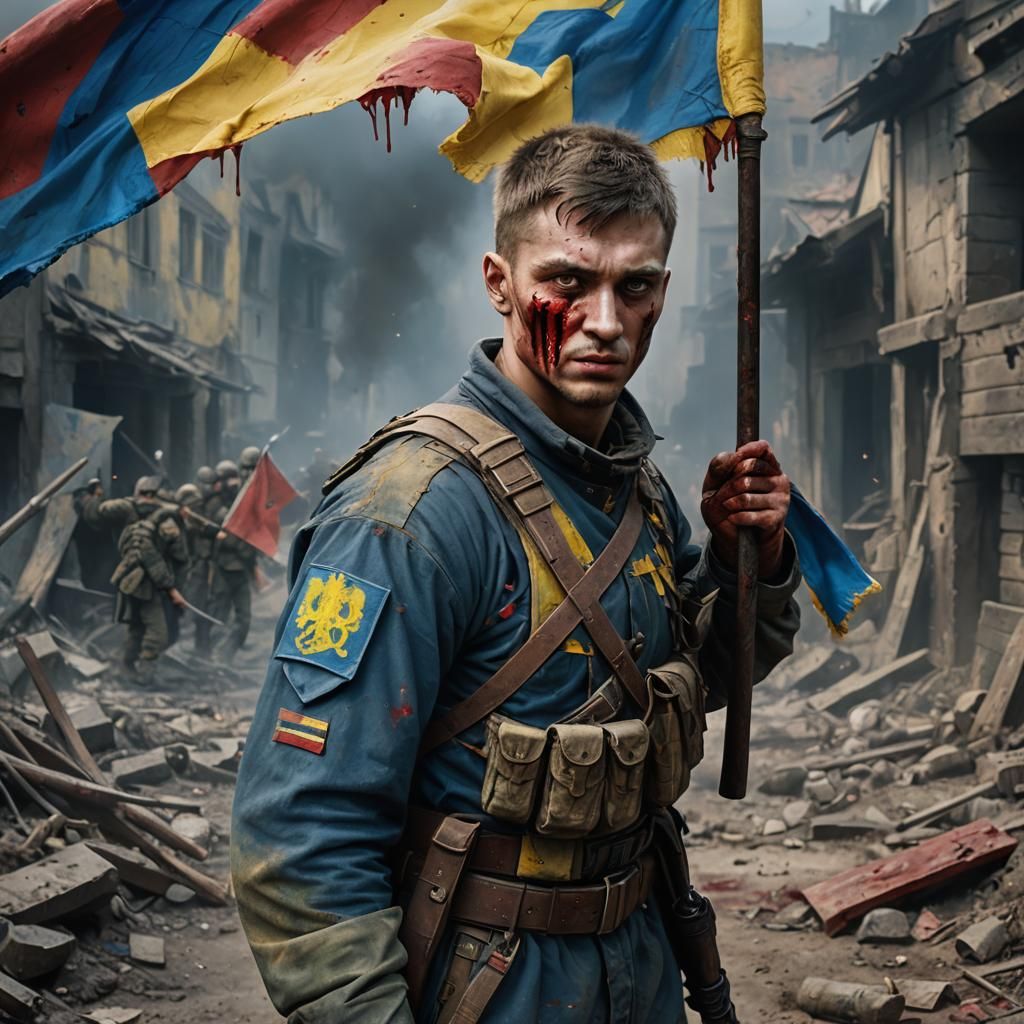 Wounded Ukrainian Soldier Holding Flag in Fantasy Art