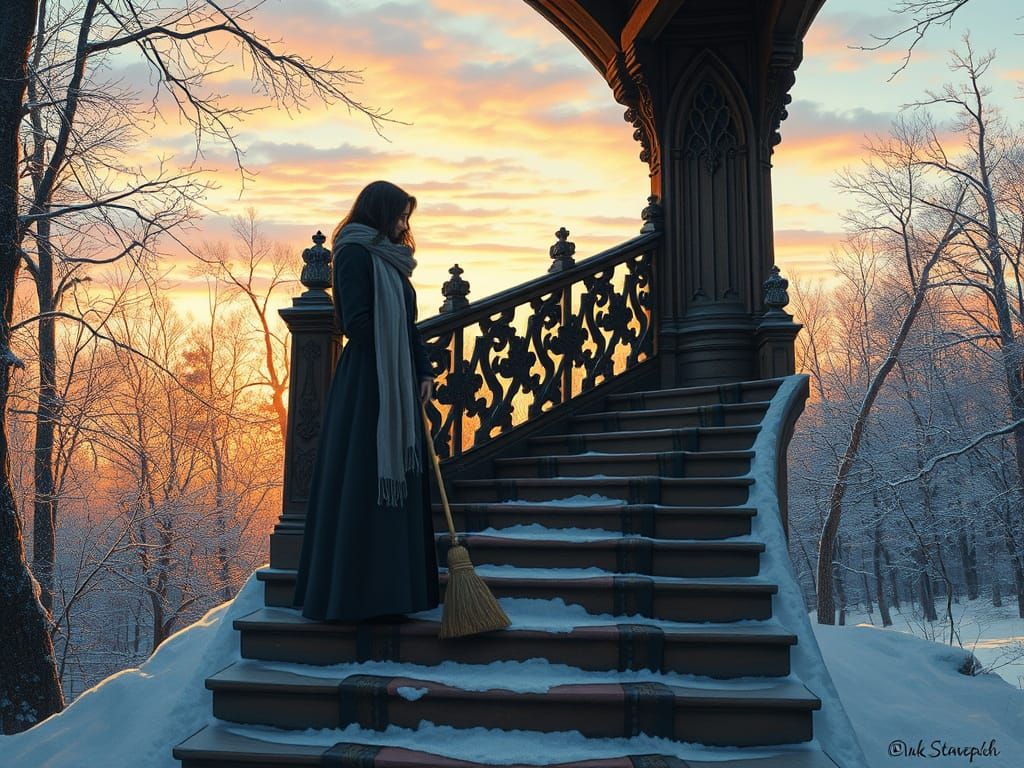 Gothic Woman Sweeps Staircase in Warm Golden Light