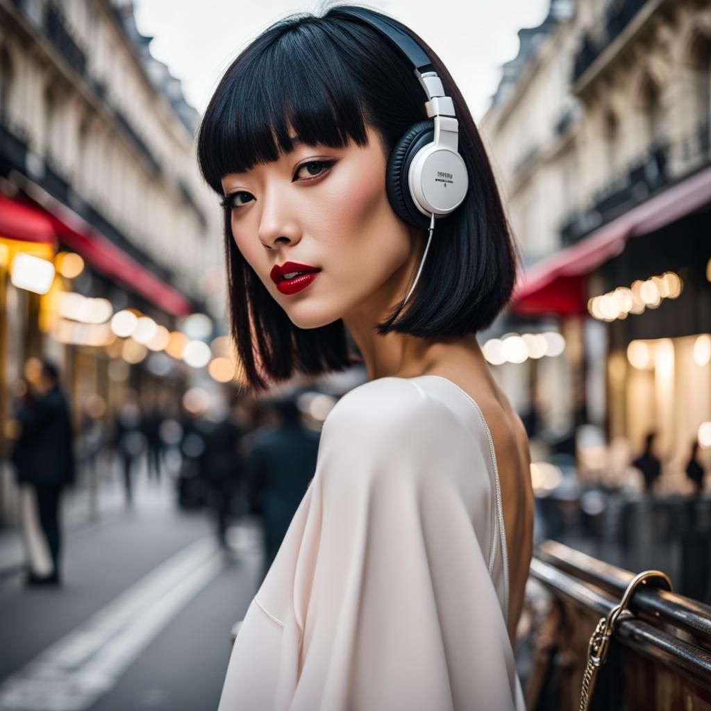 Ladyboy with Bob Cut Listening to Music in Paris