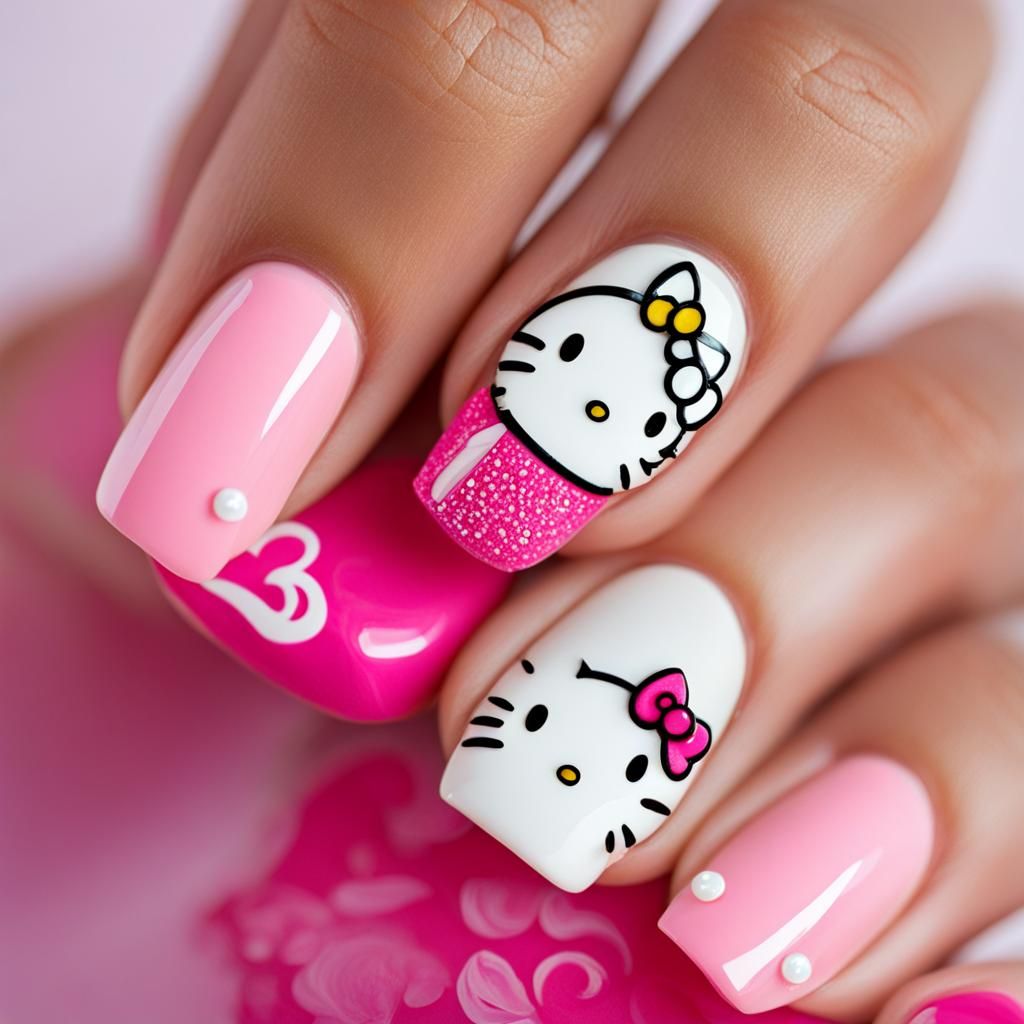 Feminine Hello Kitty Nail Art Design