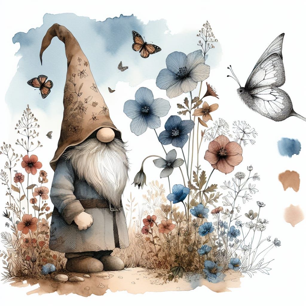 Gnome in Watercolour Garden with Bird and Butterflies