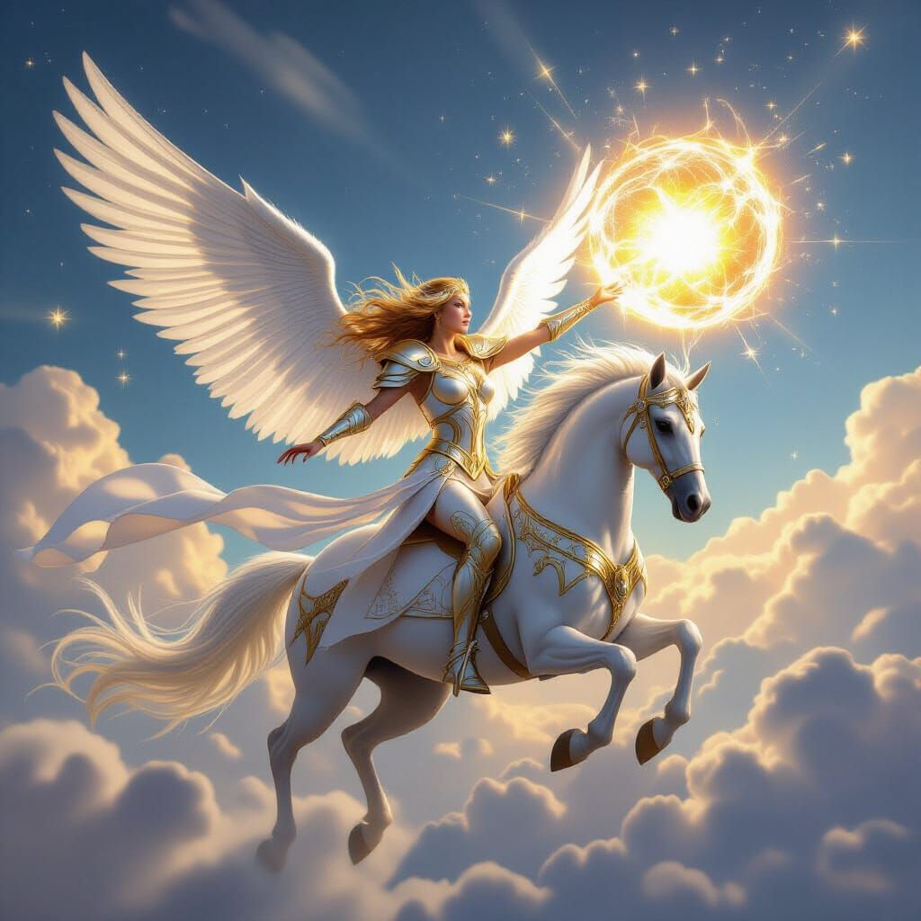 Divine Celestial Avenger Soars on Pegasus