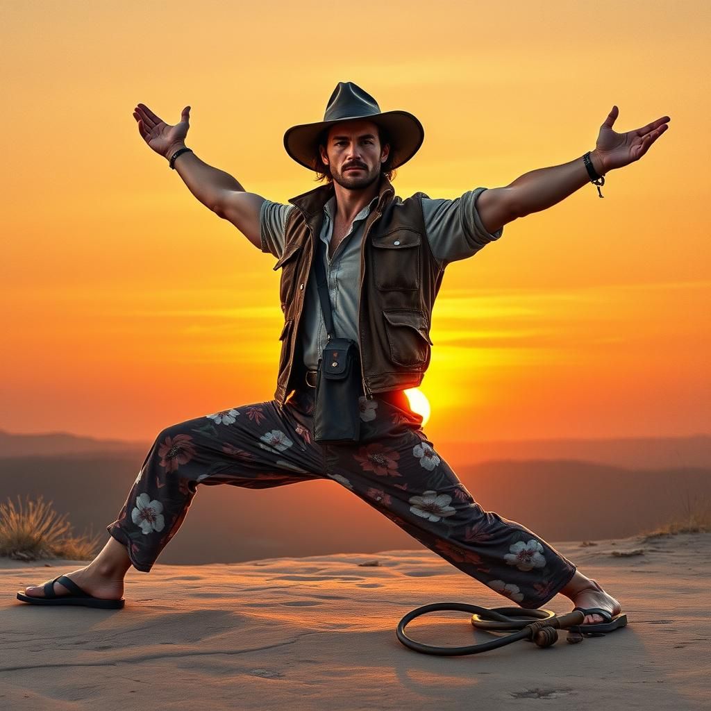 Explorer Archeologist in Yoga Pose, Watercolor Illustration