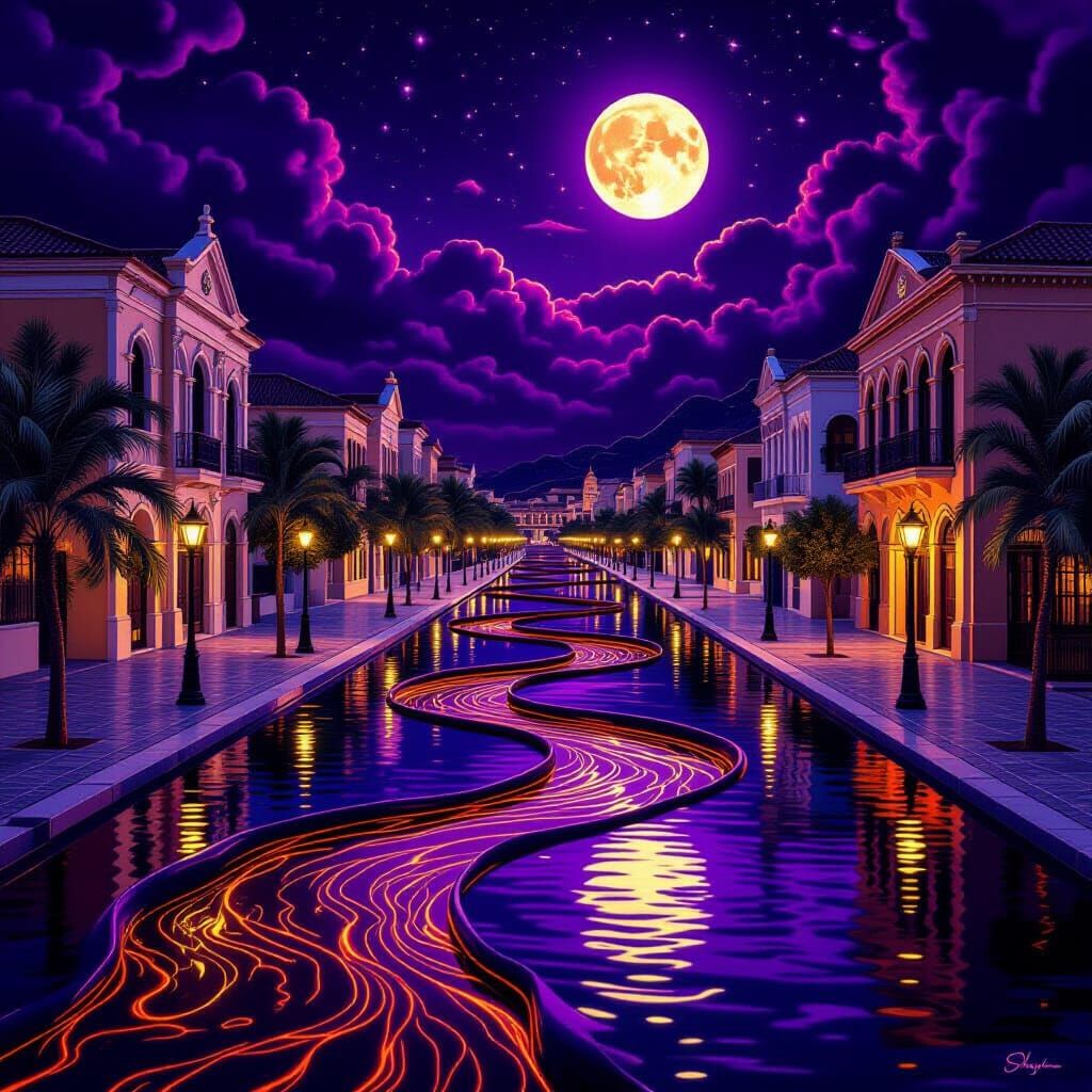 Molten Chocolate Boulevard Under Surreal Night Sky
