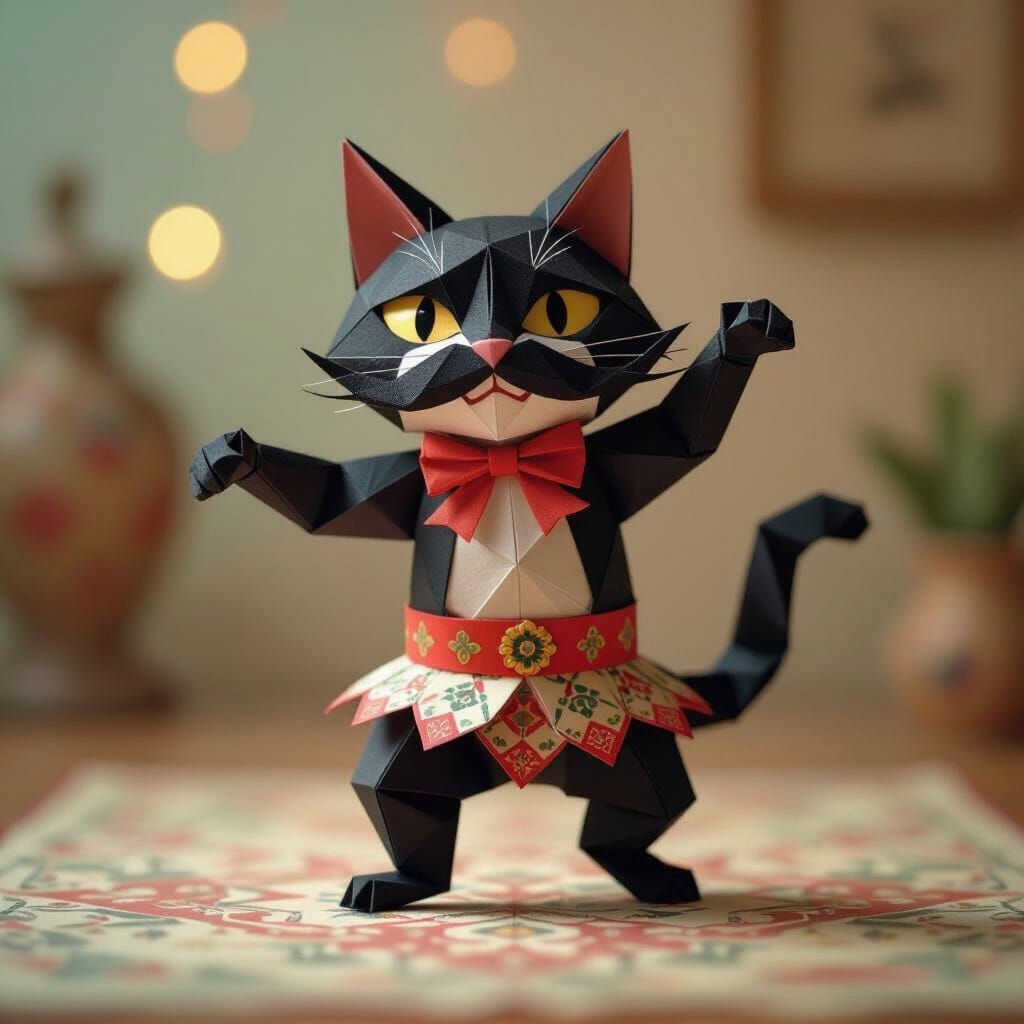 Origami Mexican Cat Dancing with Black Mustache