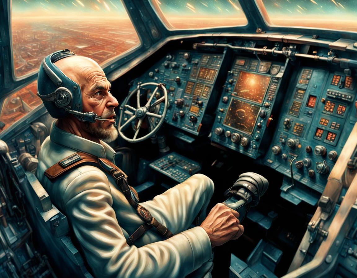 Angry Man Steers Spaceship in Dieselpunk Style