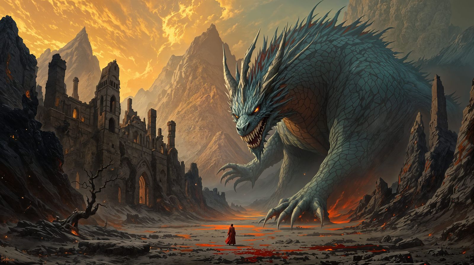 Epic Fantasy Painting: Lone Warrior Confronts a Majestic Dra...
