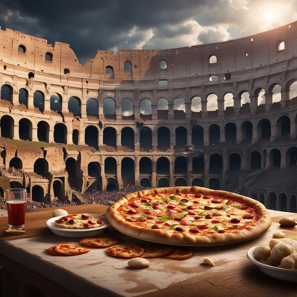 Coliseum Rome: Eating Pizza in Detailed Painting