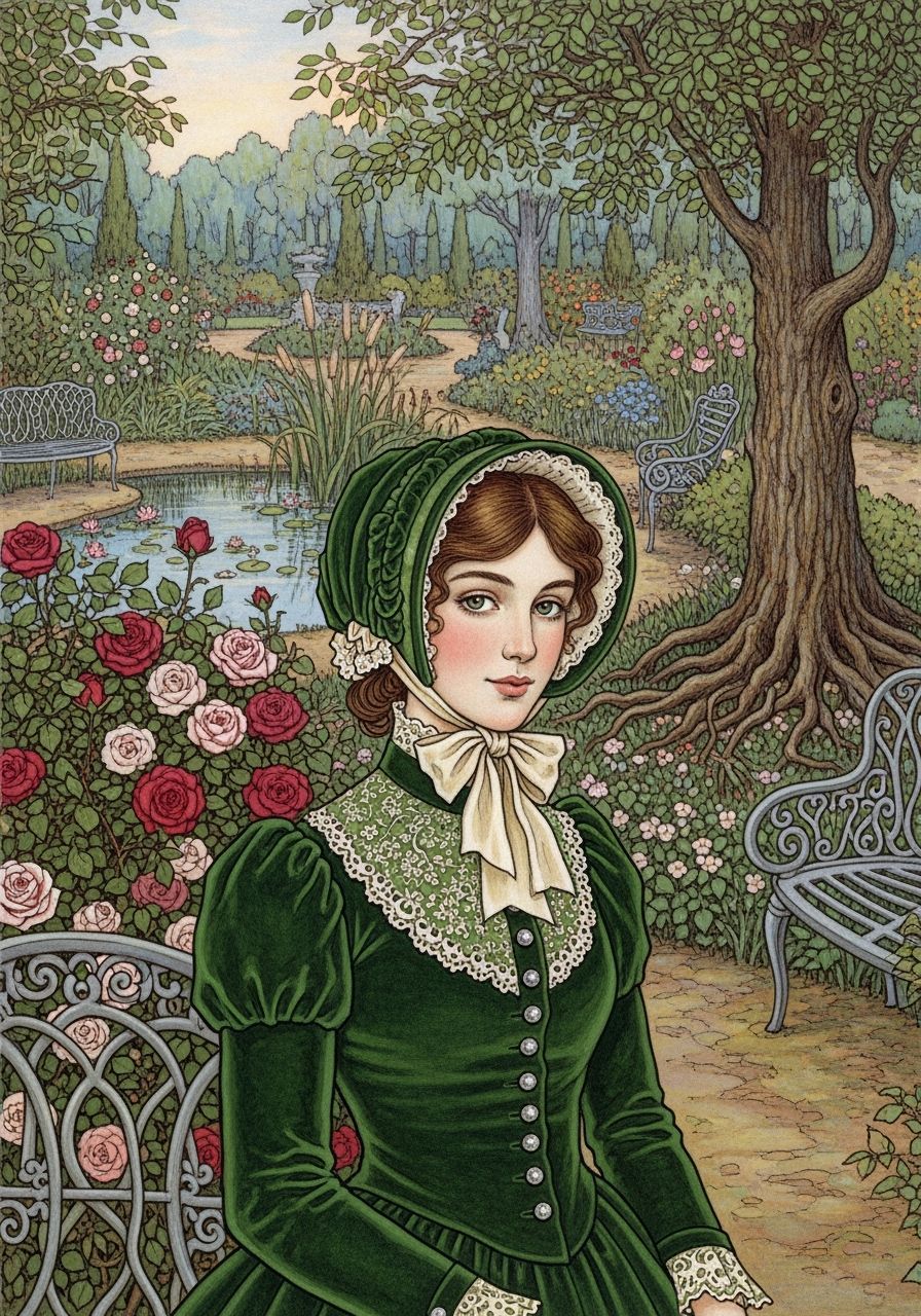 Victorian Woman in Botanic Garden, Rackham Style