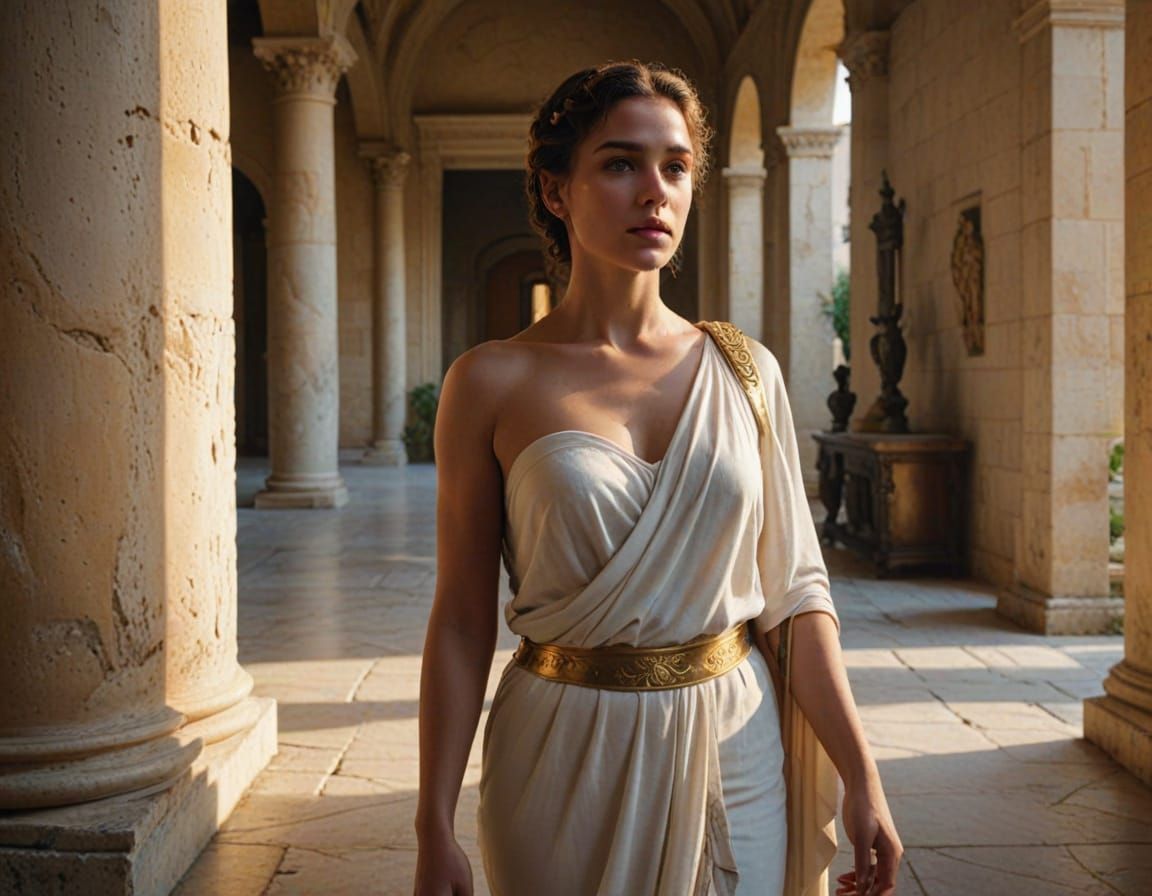 Roman Goddess in Ancient Castle Courtyard, Hyperrealistic Di...