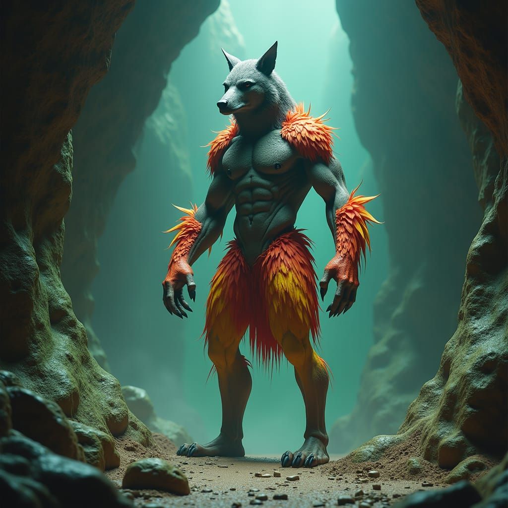 Wolf-Headed Human-Ostrich Fusion Creature in Cavern