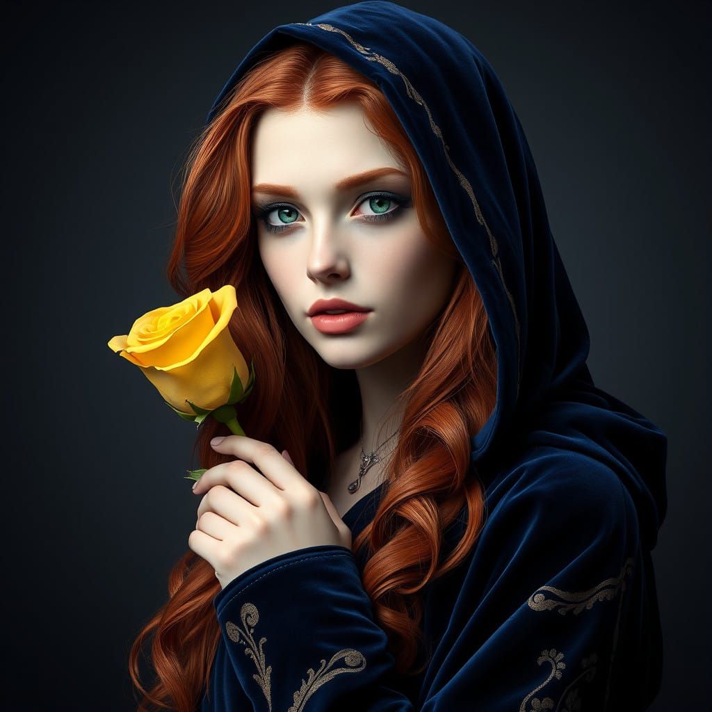 Hyper Realistic Portrait of Enigmatic Red Haired Woman in Ve...
