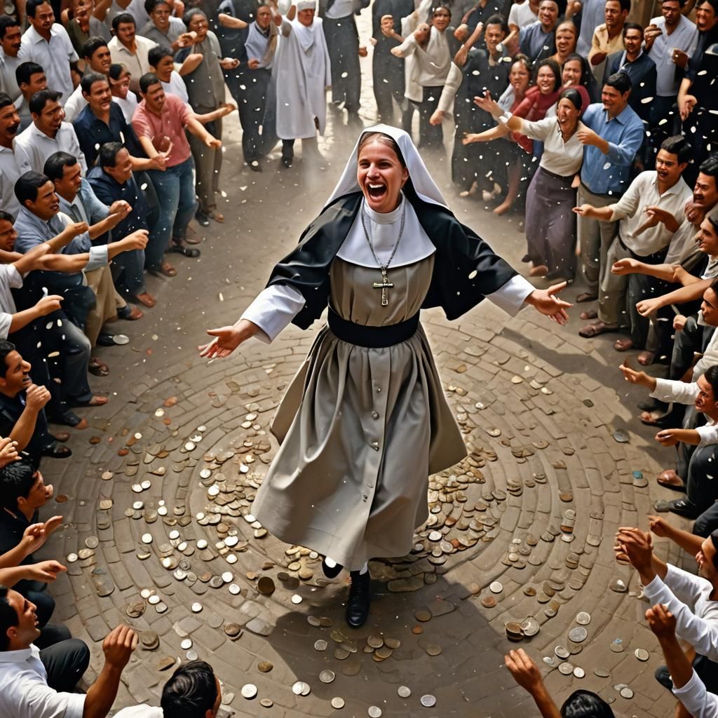 Joyful Nun Dances in Money Rain