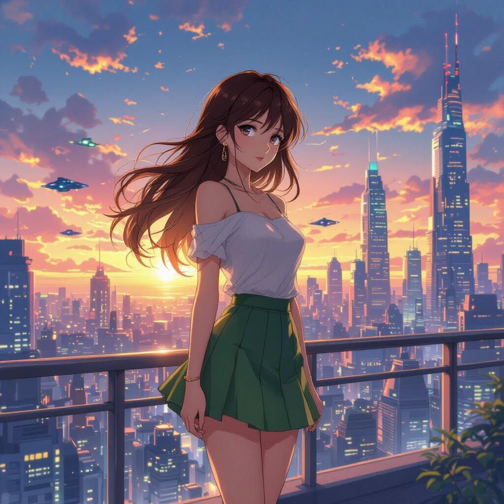 Anime Woman Overlooking Futuristic Cityscape