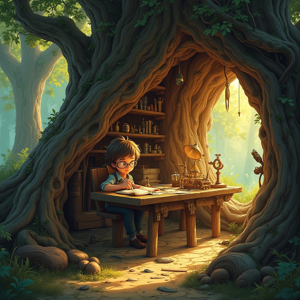 Whimsical Steampunk Tinkerer's Haven in Ancient Tree
