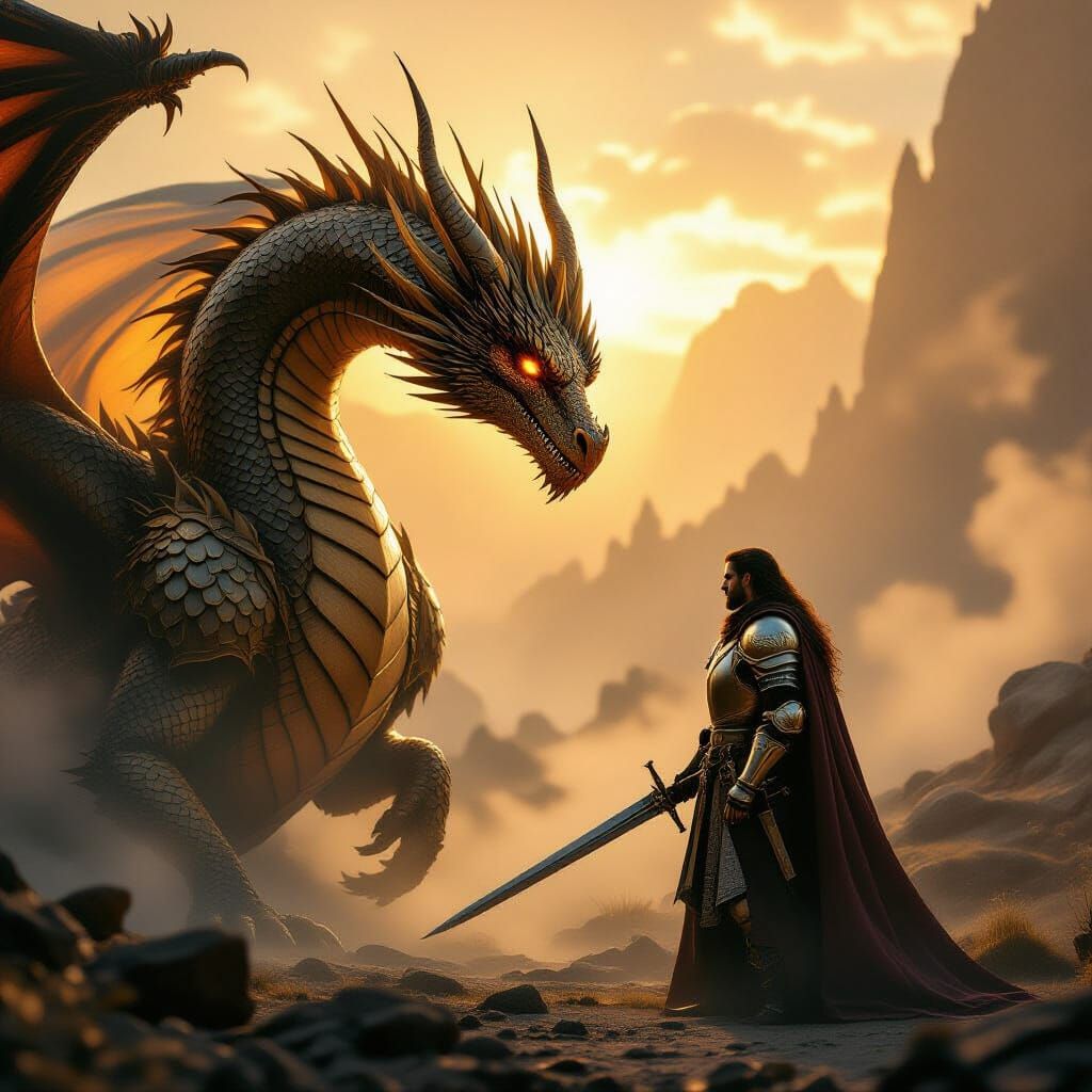 Fantasy Dragon and Knight in Golden Hour Cinematic Scene