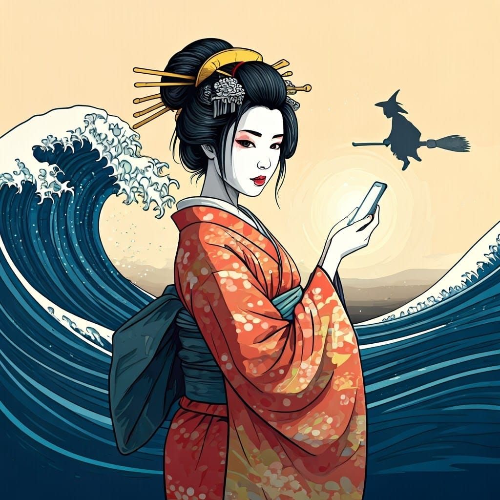Japanese Woman with Phone in Ukiyo-e Style