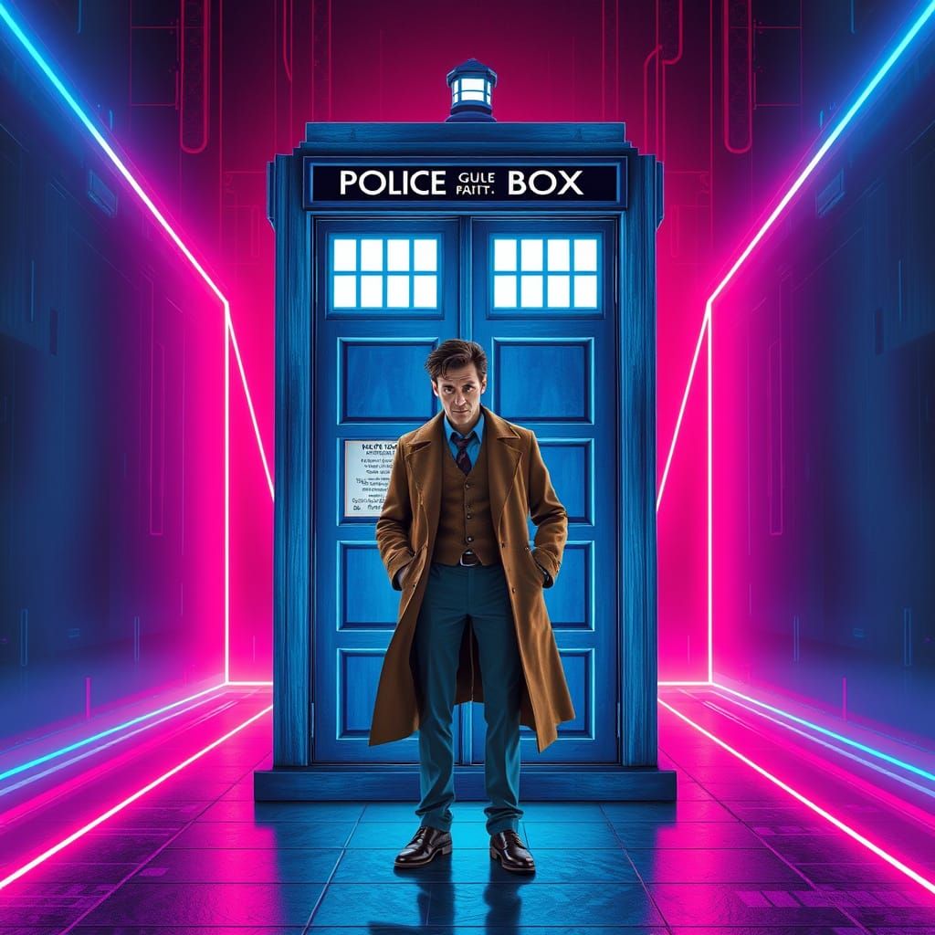 Time Traveler in Retro-Futuristic Neon Landscape