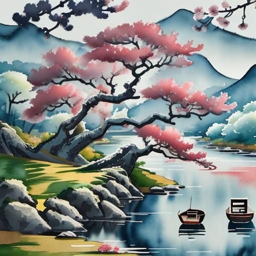 Lunar New Year: Watercolor River Scene in Chinese Art Style