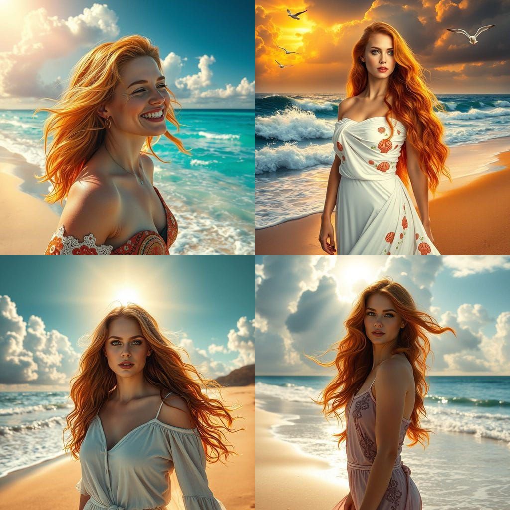Ethereal Auburn Goddess Walks on a Beach