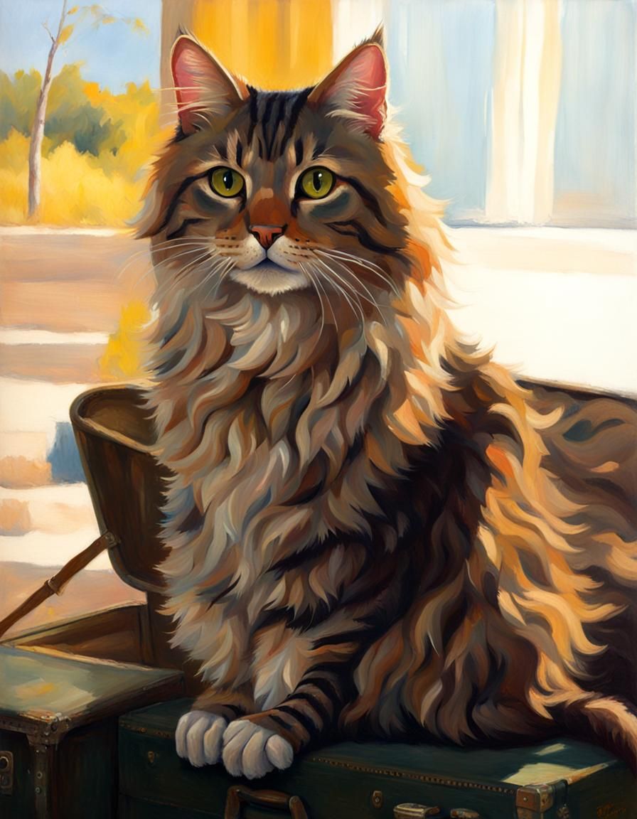 Tabby Cat on Suitcase, Oil Painting