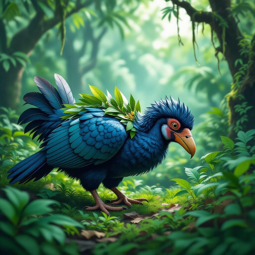 Realistic Dodo Bird Foraging in Lush Forest